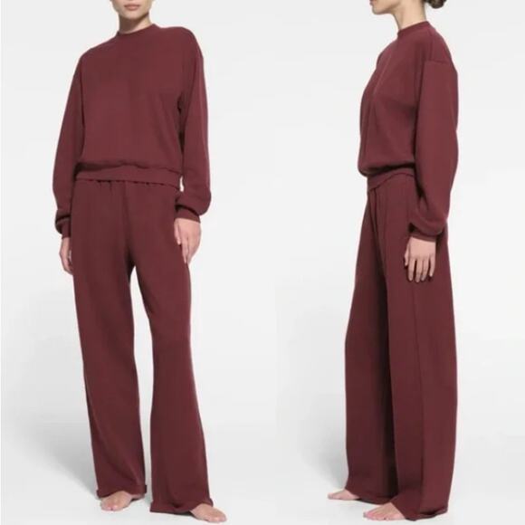Skims Pants Womens XL Classic Straight Leg Cotton Fleece Lounge Oxblood Red